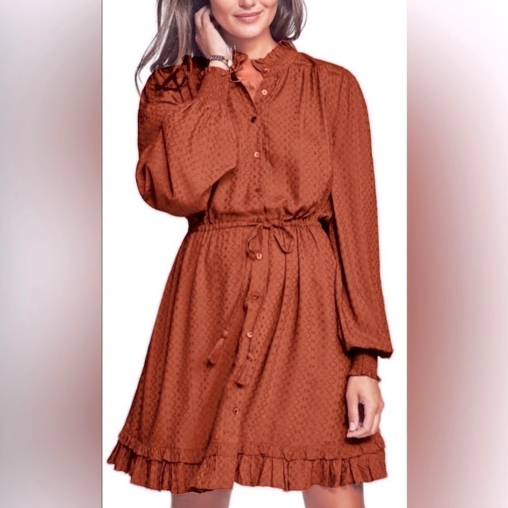 Faherty Rust Orange Diamond Textured Ruffle Isha Mini Dress Small